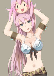 Rule 34 | 1girl, :d, armband, armpits, arms up, bad id, bad nicoseiga id, bikini, bikini top only, blue eyes, blush stickers, breasts, cccpo, cleavage, female focus, long hair, megurine luka, navel, open mouth, pink hair, simple background, smile, solo, swimsuit, takoluka, vocaloid
