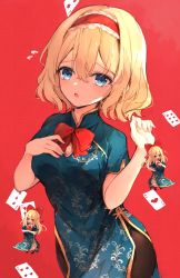 Rule 34 | 1girl, alice margatroid, alternate costume, aqua dress, bad id, bad pixiv id, black pantyhose, blonde hair, blue eyes, blush, card, china dress, chinese clothes, cowboy shot, dress, flying sweatdrops, hair between eyes, hairband, highres, lolita hairband, open mouth, pantyhose, red background, red hairband, revision, shanghai doll, shangurira, short hair, short sleeves, simple background, solo, touhou