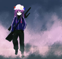 Rule 34 | 1girl, alternate costume, behind enemy lines, female focus, gun, hat, jacket, onibi (foxhound4185), patchouli knowledge, purple hair, rifle, sniper rifle, solo, touhou, weapon