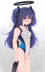 Rule 34 | 1girl, absurdres, blue archive, blush, collarbone, competition swimsuit, dove pixie, hair ornament, halo, highleg, highleg swimsuit, highres, holding sandals, long hair, looking at viewer, one-piece swimsuit, open mouth, sandals, short twintails, solo, standing, swimsuit, twintails, wet, yuuka (blue archive)