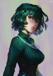 Rule 34 | 1girl, absurdres, artist name, commentary, fubuki (one-punch man), gradient background, green background, green eyes, green hair, green sweater, grey background, hallibell-yin, highres, jewelry, leather, looking away, necklace, one-punch man, parted lips, realistic, short hair, signature, solo, sweater, teeth, turtleneck, turtleneck sweater, upper body