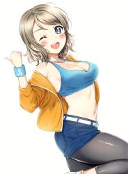 Rule 34 | 1girl, ;d, absurdres, bare shoulders, belt, blue eyes, blue shorts, blush, breasts, character name, cleavage, crop top, dog tags, from side, grey hair, hair between eyes, highres, jacket, leg up, leggings under shorts, looking at viewer, love live!, love live! school idol festival, love live! sunshine!!, medium breasts, one eye closed, open clothes, open jacket, open mouth, pantyhose, sankuro (agoitei), scan, short hair, short shorts, shorts, simple background, smile, solo, stomach, thumbs up, watanabe you, white background, white belt, wristband