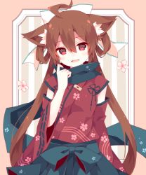 Rule 34 | 1girl, :d, ahoge, animal ears, bow, brown hair, copyright request, detached sleeves, flower, hair bow, hair rings, hatoichi reno, head tilt, long hair, looking at viewer, open mouth, red eyes, scarf, smile, solo, twintails, very long hair, white bow