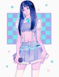 Rule 34 | animification, belt, black hair, blue belt, blue eyes, blue necktie, collared shirt, cropped shirt, grey shirt, grey skirt, head tilt, highres, holding, holding microphone, k-pop, long hair, looking to the side, microphone, midriff, navel, necktie, qiao nan 1028 hao, real life, sana (twice), shirt, skirt, suspenders, thighhighs, twice (group), white thighhighs