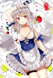 Rule 34 | 1girl, apron, arm up, between fingers, blue ribbon, blue skirt, blush, bow, braid, breasts, cleavage, collarbone, commentary request, cowboy shot, food, frilled apron, frills, fruit, green bow, hair bow, holding, holding knife, holding weapon, izayoi sakuya, knife, knives between fingers, lime (fruit), looking at viewer, maid, maid apron, maid headdress, medium breasts, miniskirt, petticoat, pink eyes, pomegranate, puffy short sleeves, puffy sleeves, raspberry, ribbon, sakizaki saki-p, short hair, short sleeves, silver hair, simple background, skirt, smile, solo, thigh strap, thighs, touhou, twin braids, waist apron, water drop, weapon, white apron, white background, white ribbon, wrist cuffs