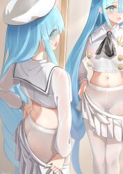 Rule 34 | 1girl, absurdly long hair, absurdres, ascot, ass, azur lane, beret, black ascot, blue eyes, blue hair, chinese commentary, commentary request, dressing, gluteal fold, hat, highres, janus (azur lane), janus (fear of changing...clothes) (azur lane), long hair, long sleeves, midriff, mirror, navel, official alternate costume, open mouth, pantyhose, pleated skirt, qian hen, reflection, sailor collar, shirt, skirt, solo, standing, stomach, thigh gap, very long hair, white hat, white pantyhose, white sailor collar, white shirt, white skirt