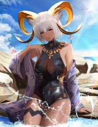 Rule 34 | animal ears, arknights, black one-piece swimsuit, breasts, carnelian (arknights), carnelian (shimmering dew) (arknights), chibi, chibi inset, cleavage, clothing cutout, dark-skinned female, dark skin, goat ears, goat girl, goat horns, highres, horn ornament, horns, jewelry, large breasts, looking at viewer, navel, navel cutout, necklace, one-piece swimsuit, partially submerged, red eyes, shawl, short hair, sitting, smitcuk, swimsuit