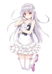 Rule 34 | 1girl, blush, character doll, collarbone, dress, frilled dress, frills, full body, garter straps, high heels, highres, long hair, looking at viewer, red eyes, sakurakouji luna, shoes, silver hair, simple background, smile, solo, thighhighs, totto, tsuki ni yorisou otome no sahou, white background, white dress, white thighhighs, wrist cuffs