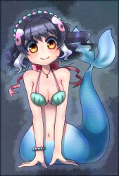 Rule 34 | 1girl, african penguin (kemono friends), bikini, black hair, blue background, closed mouth, hair ornament, highres, hikarikmy, jewelry, kemono friends, kemono friends v project, long hair, looking at viewer, mermaid, monster girl, navel, necklace, parody, penguin girl, ribbon, simple background, solo, swimsuit, the little mermaid, virtual youtuber, yellow eyes