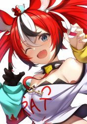 Rule 34 | 1girl, ;d, animal ear fluff, animal ears, asymmetrical sleeves, bare shoulders, black gloves, black hair, blue eyes, blush, cheese, claw pose, clothes writing, collar, commentary, dice hair ornament, fang, food, gloves, hair between eyes, hair ornament, hakos baelz, hands up, highres, hololive, hololive english, long sleeves, looking at viewer, menmen (menmen13s), mismatched sleeves, mouse ears, mr. squeaks (hakos baelz), multicolored hair, off shoulder, one eye closed, open mouth, red hair, shirt, simple background, single glove, skin fang, smile, solo, spiked collar, spikes, streaked hair, symbol-only commentary, twintails, virtual youtuber, white background, white hair, white shirt