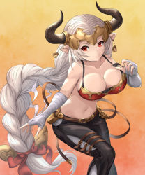 Rule 34 | 1girl, absurdres, aliza (granblue fantasy), bandages, bandaged arm, belt, belt pouch, black pants, bow, braid, breasts, bustier, cleavage, collarbone, draph, earrings, granblue fantasy, hair bow, headpiece, highres, horns, jewelry, large breasts, long braid, long hair, looking at viewer, navel, pants, pointy ears, red bow, red eyes, silver hair, single braid, solo, very long hair, yuki7128