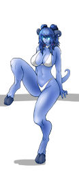 Rule 34 | 1girl, bikini, blue hair, blue skin, breasts, butcherboy, colored skin, curvy, draenei, glowing, glowing eyes, highres, hooves, horns, huge breasts, large breasts, monster girl, solo, swimsuit, tail, warcraft, white bikini, world of warcraft