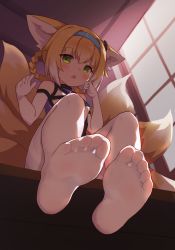 Rule 34 | 1girl, absurdres, animal ear fluff, animal ears, arknights, bare shoulders, blonde hair, blue hairband, blush, braid, braided hair rings, breasts, elbow gloves, fox ears, fox girl, fox tail, gloves, hair rings, hairband, highres, indoors, kitsune, looking at viewer, multicolored hair, no shoes, open mouth, pantyhose, shirt, small breasts, soles, solo, suzuran (arknights), synring97, tail, thighband pantyhose, twin braids, two-tone hair, white gloves, white hair, white pantyhose, white shirt, window