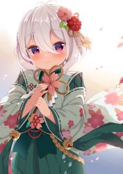 Rule 34 | 1girl, antenna hair, bell, blush, closed mouth, commentary request, floral print, flower, green hakama, green kimono, hair between eyes, hair flower, hair ornament, hakama, hakama skirt, hands up, highres, japanese clothes, jingle bell, kimono, kokkoro (new year) (princess connect!), kokkoro (princess connect!), long sleeves, looking at viewer, muku (muku-coffee), petals, pink flower, pointy ears, princess connect!, red eyes, red flower, ribbon-trimmed sleeves, ribbon trim, silver hair, skirt, smile, solo, white flower, wide sleeves