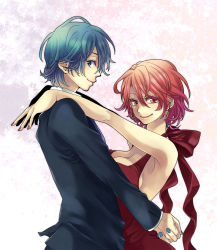 Rule 34 | 1boy, 1girl, armpits, bare shoulders, blue eyes, blue hair, blue nails, bow, breast press, breasts, cleavage, couple, dress, earrings, formal, hetero, hug, jewelry, kaito (vocaloid), large breasts, meiko (vocaloid), nail polish, red eyes, red hair, red nails, shiroyama ayako, short hair, smile, suit, vocaloid, yamako (state of children)