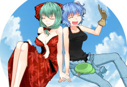 Rule 34 | 2girls, ^ ^, alternate costume, aoshima, blue hair, center opening, closed eyes, dress, closed eyes, female focus, front ponytail, gloves, green hair, hair bobbles, hair ornament, hair ribbon, hat, unworn hat, unworn headwear, highres, impossible clothes, impossible dress, kagiyama hina, kawashiro nitori, leaf print, long hair, multiple girls, navel, no bra, open mouth, red dress, ribbon, short hair, short twintails, smile, tank top, touhou, twintails, two side up