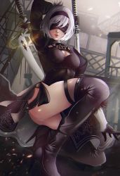 Rule 34 | 1girl, arm up, artist request, black dress, black gloves, black thighhighs, blindfold, boots, breasts, cleavage, commentary, dress, feather trim, full body, gloves, hairband, high heel boots, high heels, highres, holding, holding sword, holding weapon, juliet sleeves, katana, kneeling, lips, long sleeves, medium breasts, nier:automata, nier (series), on one knee, outdoors, panties, parted lips, pelvic curtain, puffy sleeves, short hair, side slit, solo, stiletto heels, sword, thigh boots, thighhighs, underwear, weapon, white hair, white panties, 2b (nier:automata)