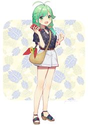 Rule 34 | 1girl, alternate costume, antenna hair, bag, black shirt, casual, cellphone, commentary request, dress shirt, floral print, full body, green eyes, green hair, hair over shoulder, kantai collection, leaf, leaf background, long hair, looking at viewer, matsu (kancolle), one-hour drawing challenge, phone, sandals, shirt, shorts, solo, toeless footwear, white shorts, yamashichi (mtseven)