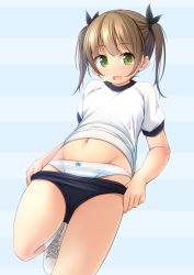 Rule 34 | 1girl, :d, black buruma, black ribbon, blue background, blush, bow, bow panties, breasts, brown hair, buruma, buruma pull, clothes pull, commentary request, green eyes, groin, gym shirt, gym uniform, hair ribbon, highres, kneehighs, looking at viewer, navel, open mouth, original, panties, puffy short sleeves, puffy sleeves, pulled by self, ribbon, shibacha, shirt, shoes, short sleeves, sidelocks, small breasts, smile, sneakers, socks, solo, standing, standing on one leg, striped background, striped clothes, striped panties, twintails, underwear, white footwear, white shirt, white socks