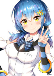 Rule 34 | 1girl, blue bow, blue hair, blush, bow, breasts, closed mouth, collared shirt, detached sleeves, dress, fingernails, hair between eyes, hair ornament, hairclip, head tilt, jacket, long hair, long sleeves, looking at viewer, medium breasts, natsumi moe, natsumi moe (character), plaid, plaid bow, shirt, signature, simple background, sleeveless, sleeveless jacket, sleeves past wrists, smile, solo, striped sleeves, sylphine, upper body, v, virtual youtuber, white background, white jacket, white shirt, yellow eyes