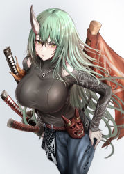 Rule 34 | 1girl, absurdres, arknights, black shirt, blue pants, breasts, clothing cutout, cowboy shot, green hair, grey background, highres, horns, hoshiguma (arknights), hoshiguma (ronin huntress) (arknights), katana, large breasts, long hair, long sleeves, looking at viewer, mask, official alternate costume, oni mask, pants, parted lips, poni (poni arknights), resolution mismatch, shirt, shoulder cutout, single horn, smile, solo, source larger, standing, sword, very long hair, weapon, yellow eyes