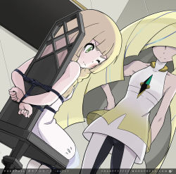 Rule 34 | 2girls, ;(, bare shoulders, bdsm, blonde hair, bondage, bound, braid, bruise, chair, chairtie, creatures (company), dress, game freak, green eyes, hair over eyes, hand on own hip, highres, indoors, injury, leggings, lillie (pokemon), long hair, lusamine (pokemon), mature female, mother and daughter, multiple girls, nintendo, one eye closed, pokemon, pokemon sm, restrained, sharpffffff, sitting, standing, tied to chair, twin braids, very long hair, watermark, web address