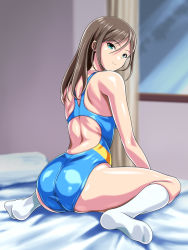 Rule 34 | 1girl, ass, blue one-piece swimsuit, blurry, commentary request, competition swimsuit, curtains, depth of field, from behind, green eyes, hair between eyes, kneehighs, light brown hair, looking at viewer, looking back, monteriakitto, one-piece swimsuit, original, pillow, socks, solo, swimsuit, white socks, window