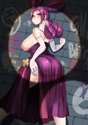 Rule 34 | absurdres, ass, ass focus, ass grab, blush, breasts, breasts out, brick wall, clothes pull, creatures (company), dress pull, elbow gloves, fantina (pokemon), female focus, game freak, gloves, graffiti, gym leader, heavy breathing, highres, large breasts, looking at viewer, looking back, nintendo, pokemon, pokemon bdsp, pokemon dppt, spotlight