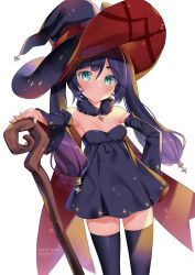 Rule 34 | 1girl, armpits, bare shoulders, blush, breasts, cape, cleavage, detached sleeves, dress, fur trim, genshin impact, green eyes, hair ornament, halloween, halloween costume, hat, highres, long sleeves, looking at viewer, mona (genshin impact), mona (halloween) (genshin impact), nami (nyaa), purple dress, purple hair, purple thighhighs, small breasts, staff, star (symbol), star hair ornament, strapless, strapless dress, thighhighs, twintails, watermark, wide sleeves, witch, witch hat