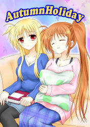 Rule 34 | 2girls, alternate costume, blonde hair, book, breasts, brown hair, casual, cleavage, collarbone, couch, couple, closed eyes, fate testarossa, holding hands, happy, interlocked fingers, leaf, long hair, looking at another, lyrical nanoha, mahou shoujo lyrical nanoha, mahou shoujo lyrical nanoha strikers, mahou shoujo lyrical nanoha vivid, multiple girls, pantyhose, parted lips, pillow, raikkonen713, red eyes, side ponytail, sitting, sleeping, sleeping upright, smile, takamachi nanoha, very long hair, yuri