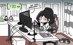 Rule 34 | black hair, chair, chibi, computer, cup, curtains, dog, door, dress, earrings, glowing, glowing earrings, hair ribbon, highres, jewelry, computer keyboard, monitor, computer mouse, orb, playing games, ribbon, sage (valorant), speech bubble, ssant0kkie, stuffed toy, timestamp, tired, valorant, white dress