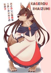 Rule 34 | animal ears, brown hair, dress, furry, furry female, hair over one eye, hand on own hip, imaizumi kagerou, mamedenchi, red eyes, smile, solo, tail, touhou, wolf, wolf ears, wolf tail