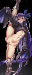 Rule 34 | 10s, 1girl, arm at side, armor, armored boots, ass, black background, blue eyes, boots, breasts, crotch plate, fate/extra, fate/extra ccc, fate/grand order, fate (series), flexible, groin, hair ribbon, leg up, long hair, long sleeves, looking at viewer, meltryllis (fate), navel, open mouth, outstretched arm, partially visible vulva, purple hair, revealing clothes, ribbon, sleeves past wrists, small breasts, solo, split, standing, standing on one leg, standing split, thighhighs, thighs, very long hair, viola (seed), wide sleeves