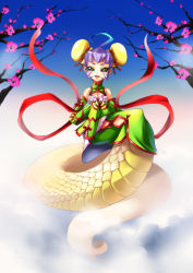 Rule 34 | 1girl, :d, ahoge, branch, breasts, bun cover, cherry blossoms, china dress, chinese clothes, chinese zodiac, cleavage, detached sleeves, double bun, dress, fangs, green dress, green eyes, hagoromo, hair bun, highres, lamia, long sleeves, looking at viewer, medium breasts, monster girl, open mouth, original, purple hair, ryuusei (mark ii), shawl, smile, solo, wide sleeves, year of the snake