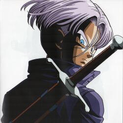Rule 34 | 1boy, absurdres, back, blue eyes, closed mouth, dragon ball, dragonball z, highres, jacket, light, official art, purple hair, purple jacket, shadow, simple background, solo, sword, trunks (dragon ball), trunks (future) (dragon ball), weapon, white background