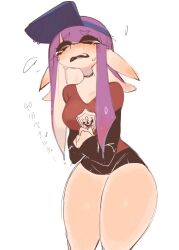Rule 34 | 1girl, bare legs, black shorts, blush, breasts, cleavage, closed eyes, crying, highres, inkling, inkling girl, inkling player character, large breasts, long ears, long hair, nintendo, pointy ears, purple hair, red shirt, shirt, short shorts, shorts, sidelocks, splatoon (series), tentacle hair, thick thighs, thighs, usa37107692, wide hips