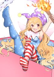 Rule 34 | 1girl, absurdres, american flag dress, american flag legwear, arm up, blonde hair, breasts, clownpiece, commentary request, dress, eringi (hikaru1226), fairy wings, fire, full body, hat, highres, holding, in container, jester cap, leg up, long hair, looking at viewer, neck ruff, open mouth, pantyhose, polka dot, red eyes, short dress, simple background, sitting, sleeveless, sleeveless dress, small breasts, smile, solo, star (symbol), star print, striped, torch, touhou, very long hair, wavy hair, white background, wings