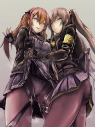Rule 34 | 2girls, armband, ass, black gloves, black pantyhose, black ribbon, blush, breasts, brown eyes, brown hair, closed mouth, clothes lift, crotch seam, fingerless gloves, girls&#039; frontline, gloves, hair between eyes, hair ornament, hairclip, highres, holding another&#039;s hair, hood, hood down, hooded jacket, jacket, lifting another&#039;s clothes, long hair, looking at viewer, medium breasts, mizukamakiri, multiple girls, neck ribbon, one side up, open mouth, panties, pantyhose, pleated skirt, ribbon, scar, scar across eye, scar on face, shirt, siblings, sisters, skirt, skirt lift, smile, thigh strap, twins, twintails, ump45 (girls&#039; frontline), ump9 (girls&#039; frontline), underwear, white shirt, yellow eyes