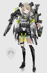 Rule 34 | 1girl, barcode, blush, brown eyes, english text, fingerless gloves, full body, gloves, grey background, gun, highres, holding, holding gun, holding weapon, light brown hair, looking at viewer, original, police, short hair, simple background, standing, swav, weapon