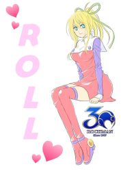 Rule 34 | alternate age, android, arm support, blonde hair, blue eyes, boots, breasts, capcom, character name, copyright name, dress, hair ornament, hair ribbon, heart, high boots, high heels, high ponytail, logo, long hair, looking at viewer, mega man (classic), mega man (series), ponytail, red footwear, ribbon, roll (mega man), simple background, sitting, smile, thigh boots, thighhighs, white background, zettai ryouiki