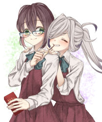 Rule 34 | 2girls, ahoge, amane (axmaxne), asashimo (kancolle), bad id, bad pixiv id, blue-framed eyewear, blue bow, blue neckwear, bow, bowtie, brown hair, closed mouth, dress, eating, closed eyes, food, glasses, gradient hair, green eyes, grey hair, hair over one eye, halterneck, highres, kantai collection, long hair, multicolored hair, multiple girls, okinami (kancolle), open mouth, pink hair, pocky, pocky day, ponytail, purple dress, purple hair, school uniform, sharp teeth, shirt, short hair, sleeveless, sleeveless dress, teeth, upper body, white shirt