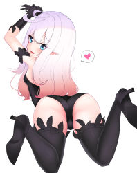 Rule 34 | 1girl, absurdres, anne (bravely second), antenna hair, ass, bare shoulders, black footwear, black gloves, black leotard, black thighhighs, blue eyes, boots, bravely default (series), bravely second: end layer, breasts, commission, commissioner upload, fairy, from behind, gloves, heart, high heels, highres, legs, legs up, leotard, long hair, looking at viewer, looking back, lying, no wings, on stomach, open mouth, own hands together, pixiv commission, pointy ears, sideboob, small breasts, smile, solo, spoken heart, strapless, strapless leotard, thigh boots, thighhighs, thighs, tight clothes, trefoil, white hair, zangi (lkt2012)