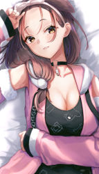Rule 34 | 1girl, :3, absurdres, animal ears, animal print, arm under breasts, arm up, bangs pinned back, bare shoulders, bed sheet, black choker, black tank top, blush, bone print, bow, bow hairband, breasts, brown eyes, brown hair, choker, cleavage, collarbone, detached sleeves, dog ears, dog girl, dog print, extra ears, forehead, hair bow, hair ornament, hair over shoulder, hairband, highres, hololive, hood, hooded vest, hoodie, inugami korone, inugami korone (loungewear), jewelry, large breasts, long hair, looking at viewer, lying, nayuyu1105, o-ring, o-ring choker, on back, pendant, pink hairband, pink vest, pom pom (clothes), pom pom hair ornament, print shirt, shirt, solo, tank top, vest, virtual youtuber