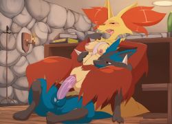 Rule 34 | 1boy, 1girl, animal ear fluff, animated, animated gif, breasts, clitoris, creatures (company), delphox, erection, furry, furry female, furry male, furry with furry, game freak, gen 4 pokemon, gen 6 pokemon, girl on top, hetero, indoors, interspecies, lucario, mrploxykun, nintendo, nipples, penis, pokemon, pokemon (creature), pokephilia, pussy, pussy juice, reverse cowgirl position, sex, sex from behind, straddling, uncensored, vaginal