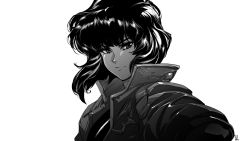 Rule 34 | 1girl, david liu, ghost in the shell, greyscale, high collar, high contrast, highres, jacket, kusanagi motoko, looking at viewer, monochrome, portrait, short hair, smile, solo