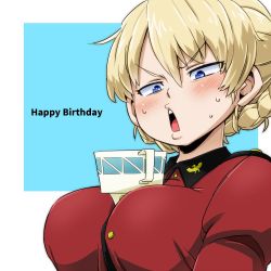 Rule 34 | 1girl, aono3, balancing, between breasts, blonde hair, blue eyes, blush, braid, breasts, coat, darjeeling (girls und panzer), girls und panzer, happy birthday, large breasts, open mouth, red coat, simple background, solo, st. gloriana&#039;s military uniform, sweatdrop, upper body, v-shaped eyebrows