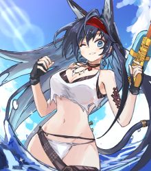 Rule 34 | 1girl, animal ears, arknights, bare arms, bare shoulders, black gloves, black hair, blaze (arknights), blue eyes, blue sky, breasts, cat ears, cat tail, cleavage, cloud, commentary request, cowboy shot, crop top, crop top overhang, day, fingerless gloves, gloves, grin, groin, hairband, hands up, holding, holding water gun, jewelry, lens flare, long hair, looking at viewer, medium breasts, midriff, navel, necklace, official alternate costume, one eye closed, red hairband, shiduki eku, sky, smile, solo, standing, stomach, tail, tank top, very long hair, water, water gun, white tank top