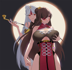 Rule 34 | 2girls, bare shoulders, beidou (genshin impact), blush, grabbing another&#039;s breast, breasts, brown hair, china dress, chinese clothes, cleavage, clenched hand, closed mouth, colored eyepatch, dress, earrings, eyepatch, genshin impact, grabbing, hair ornament, hair over one eye, hair stick, hairpin, highres, holding, holding smoking pipe, jewelry, large breasts, long hair, moon, multiple girls, ningguang (genshin impact), one eye covered, orange eyes, parted bangs, pelvic curtain, red eyes, smile, smoking pipe, white hair, yizikifa, yuri