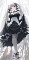 Rule 34 | 1girl, azur lane, backlighting, bare shoulders, between breasts, black footwear, blush, breasts, closed mouth, cross-laced clothes, dress, formidable (azur lane), frilled dress, frills, grey hair, hair ribbon, highres, large breasts, long hair, long sleeves, looking at viewer, matsogum, pantyhose, red eyes, ribbon, skirt hold, solo, twintails, two-tone dress, two-tone ribbon, very long hair, white pantyhose