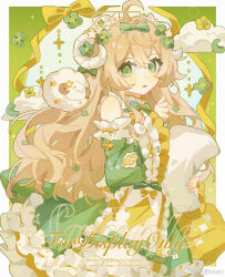 Rule 34 | 1girl, ahoge, apron, banshulian maki, bare shoulders, blonde hair, border, bow, bowtie, cloud, commentary, cowboy shot, detached sleeves, dress, english text, eyelashes, flower, frilled dress, frilled sleeves, frills, green background, green bow, green bowtie, green dress, green eyes, green flower, green ribbon, green sleeves, hair bow, hair flower, hair ornament, highres, holding, holding pillow, horns, long hair, long sleeves, looking at viewer, open mouth, original, parted lips, pillow, ribbon, sample watermark, sheep, sheep girl, sheep horns, sleeve bow, sleeveless, solo, symbol-only commentary, watermark, weibo logo, weibo watermark, white apron, white border, white sleeves, wide sleeves, yellow bow, yellow flower